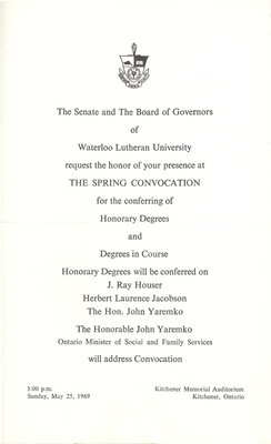 Waterloo Lutheran University spring convocation and baccalaureate service invitation, 1969