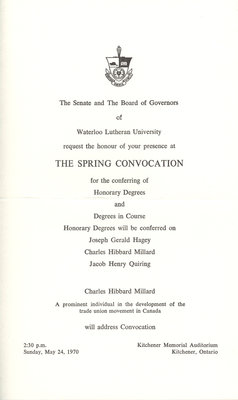 Waterloo Lutheran University spring convocation and baccalaureate service invitation, 1970