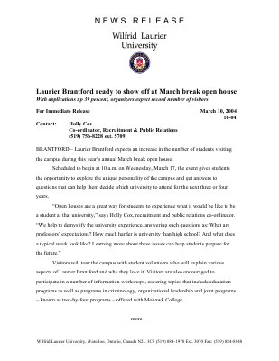 16-2004 : Laurier Brantford ready to show off at March break open house