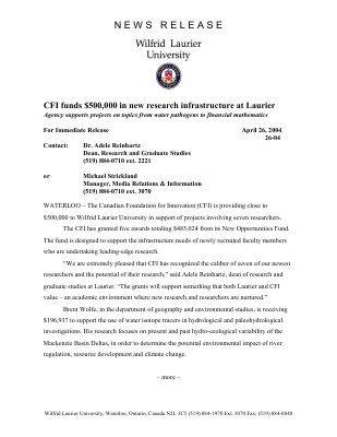 26-2004 : CFI funds $500,000 in new research infrastructure at Laurier