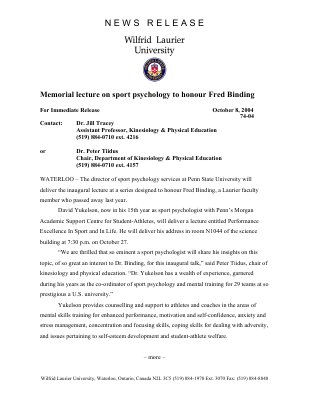 74-2004 : Memorial lecture on sport psychology to honour Fred Binding