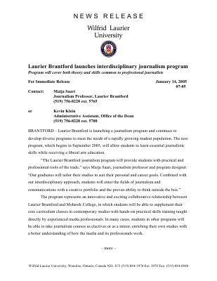 07-2005 : Laurier Brantford launches interdisciplinary journalism program