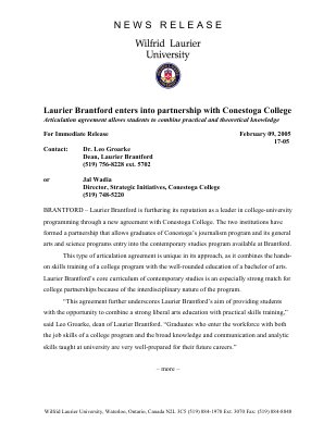 17-2005 : Laurier Brantford enters into partnership with Conestoga College