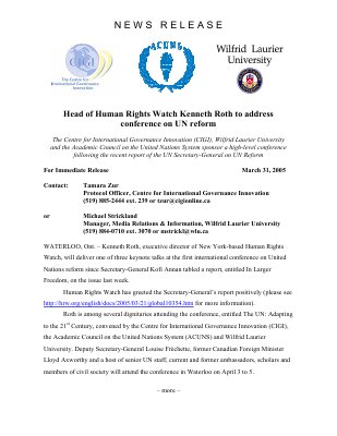 30a-2005 : Head of Human Rights Watch Kenneth Roth to address conference on UN reform