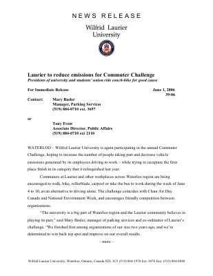 39-2006 : Laurier to reduce emissions for Commuter Challenge