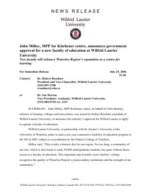 51-2006 : John Milloy, MPP for Kitchener centre, announces government approval for a new faculty of education at Wilfrid Laurier University