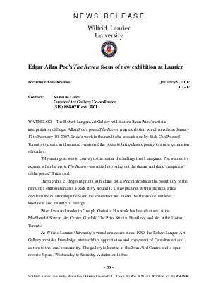 02-2007 : Edgar Allan Poe's The Raven focus of new exhibition at Laurier