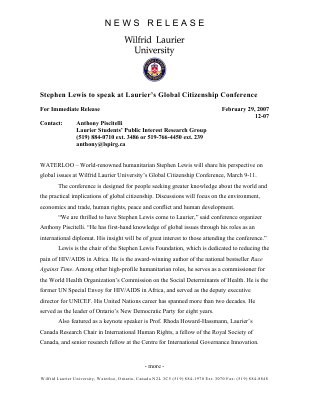 12-2007 : Stephen Lewis to speak at Laurier's Global Citizenship Conference