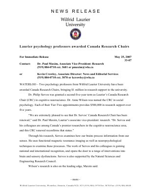 33-2007 : Laurier psychology professors awarded Canada Research Chairs