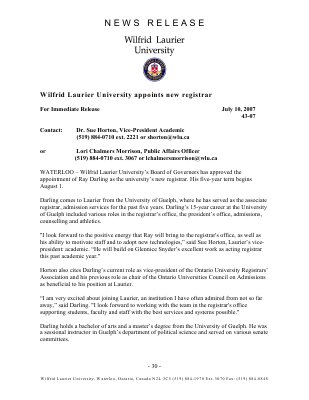 43-2007 : Wilfrid Laurier University appoints new registrar