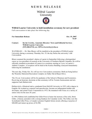 74-2007 : Wilfrid Laurier University to hold installation ceremony for new president