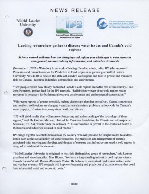 82a-2007 : Leading researchers gather to discuss water issues and Canada's cold regions