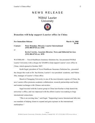 26-2008 : Donation will help support Laurier office in China