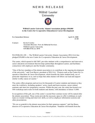 41-2008 : Wilfrid Laurier University Alumni Association pledges $50,000 to the Centre for Co-operative Education & Career Development