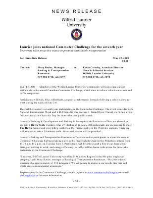 50-2008 : Laurier joins national Commuter Challenge for the seventh year