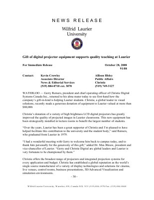 91-2008 : Gift of digital projector equipment supports quality teaching at Laurier