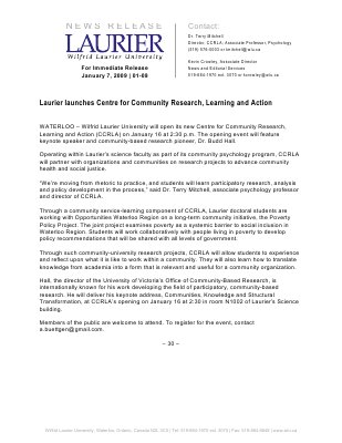 01-2009 : Laurier launches Centre for Community Research, Learning and Action