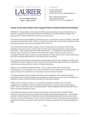 48-2009 : Laurier social work student wins inaugural Vanier Canada Graduate Scholarship