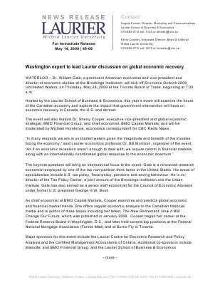 49-2009 : Washington expert to lead Laurier discussion on global economic recovery