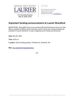 55-2009 : Important funding announcement at Laurier Brantford