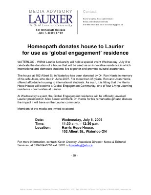 67-2009 : Homeopath donates house to Laurier for use as 'global engagement' residence