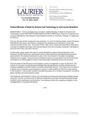 85-2009 : Federal Minister of State for Science and Technology to visit Laurier Brantford