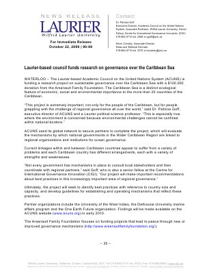 90-2009 : Laurier-based council fund research on governance over Caribbean sea