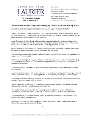 12-2010 : Laurier invites province to partner in keeping Ontario a post-secondary leader