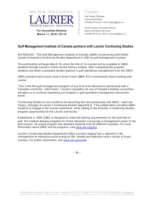 25-2010 : Golf Management Institute of Canada partners with Laurier Continuing Studies