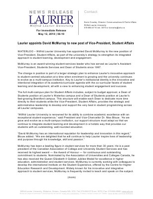 56-2010 : Laurier appoints David McMurray to new post of Vice-President, Student Affairs