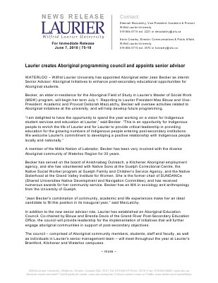 75-2010 : Laurier creates Aboriginal programming council and appoints senior advisor