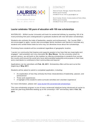 106-2010 : Laurier celebrates 100 years of education with 100 new scholarships