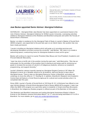 47-2011 : Jean Becker appointed Senior Advisor: Aboriginal Initiatives