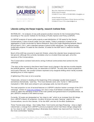 62-2011 : Liberals cutting into Harper majority, research institute finds