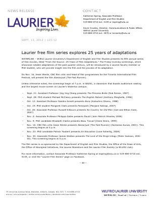 123-2012 : Laurier free film series explores 25 years of adaptations