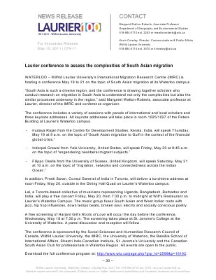 79-2011 : Laurier conference to assess the complexities of South Asian migration