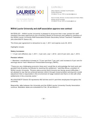 20-2012 : Wilfrid Laurier University and staff association approve new contract