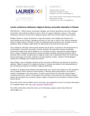 35-2012 : Laurier conference addresses religious literacy and public education in Ontario