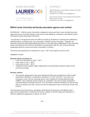 42-2012 : Wilfrid Laurier University and faculty association approve new contract