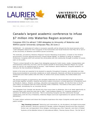 77-2012 : Canada's largest academic conference to infuse $7 million into Waterloo Region economy