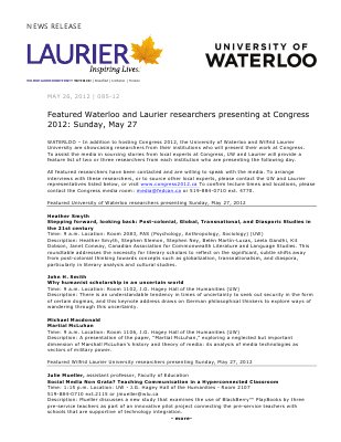 85-2012 : Featured Waterloo and Laurier researchers presenting at Congress 2012: Sunday, May 27