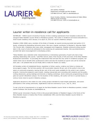 91-2012 : Laurier writer-in-residence call for applicants