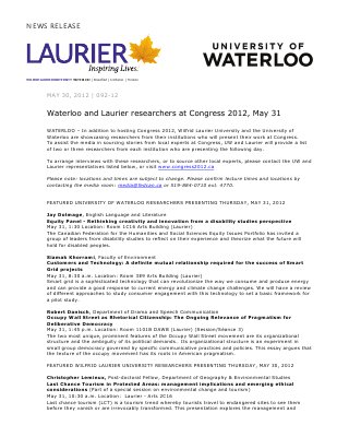 92-2012 : Waterloo and Laurier researchers at Congress 2012, May 31