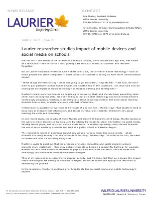 094-2012 : Laurier researcher studies impact of mobile devices and social media on schools