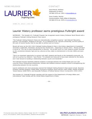 103-2012 : Laurier History professor earns prestigious Fulbright award