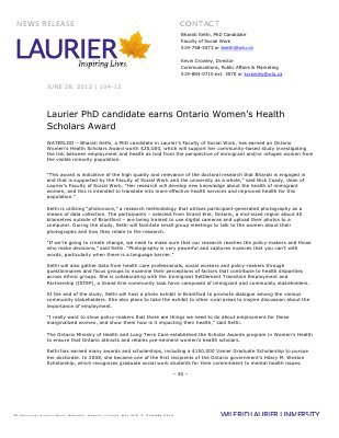 104-2012 : Laurier PhD candidate earns Ontario Women's Health Scholars Award