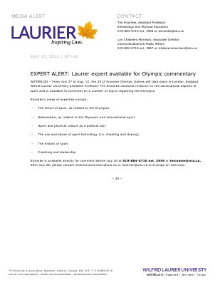 107-2012 : EXPERT ALERT Laurier expert available for Olympic commentary