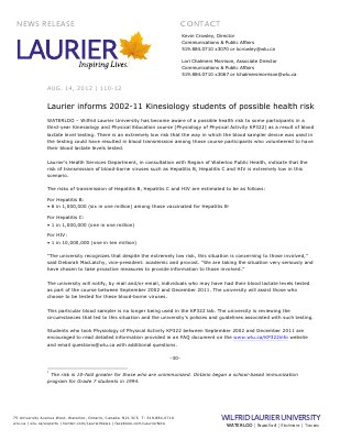 110-2012 : Laurier informs 2002-11 Kinesiology students of possible health risk