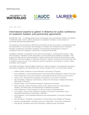 113-2012 : International experts to gather in Waterloo for public conference on academic freedom and partnership agreements