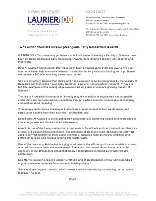 112-2011 : Two Laurier chemists receive prestigious Early Researcher Awards